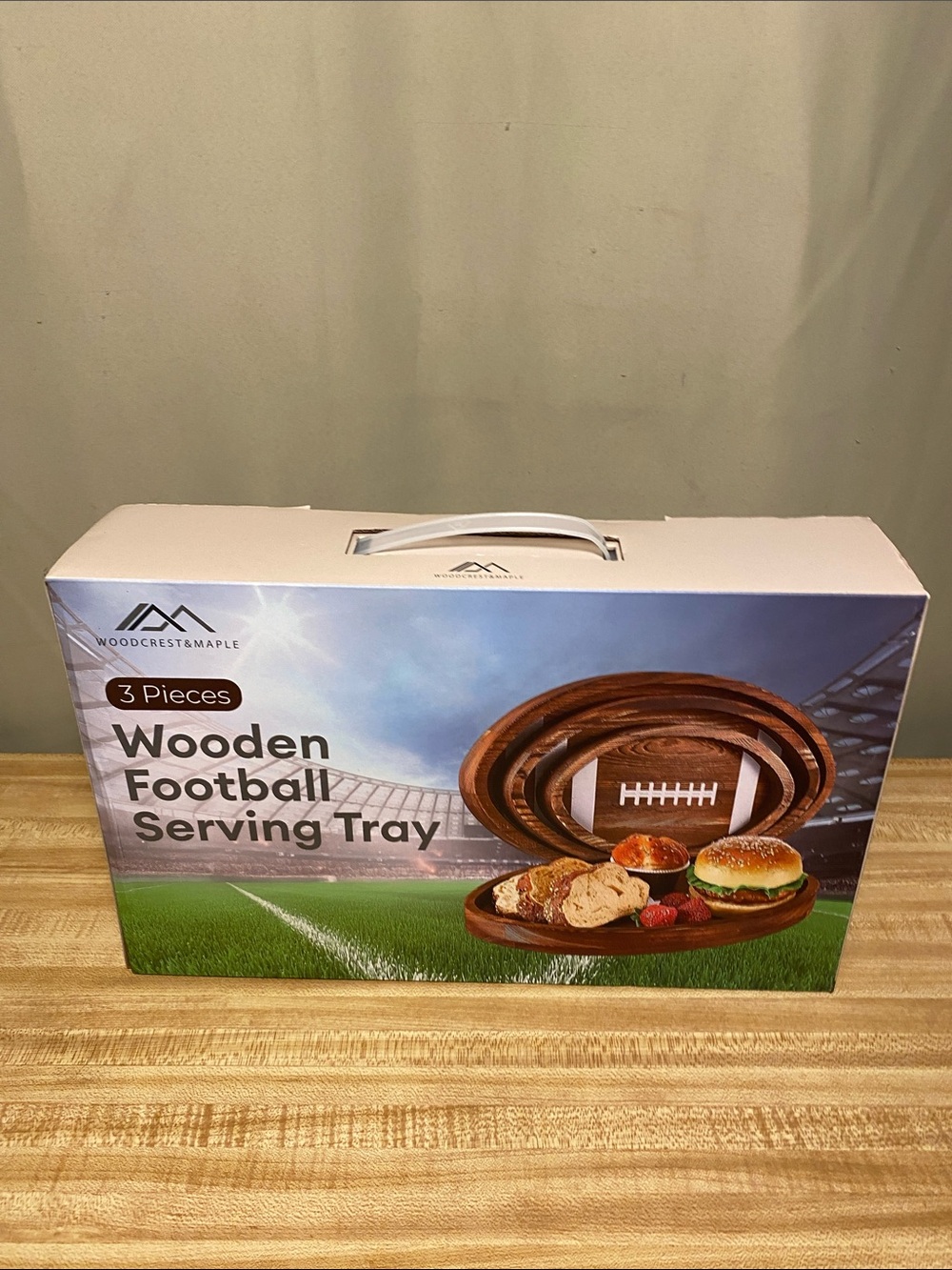 Woodcrest &Maple 3 Pieces Wooden Football Serving Tray Set  Muti-sizes Open Box